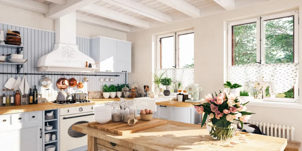 Stylish Bloxburg kitchen layout featuring wood accents and lighting