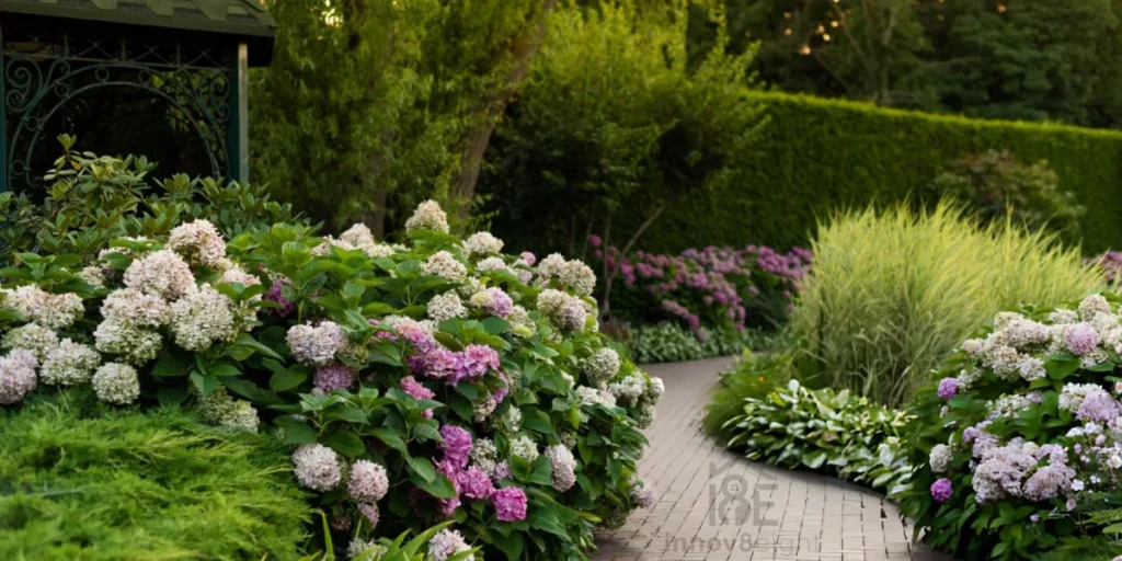 Hydrangea plant with large pink and blue blooms showing proper care results
