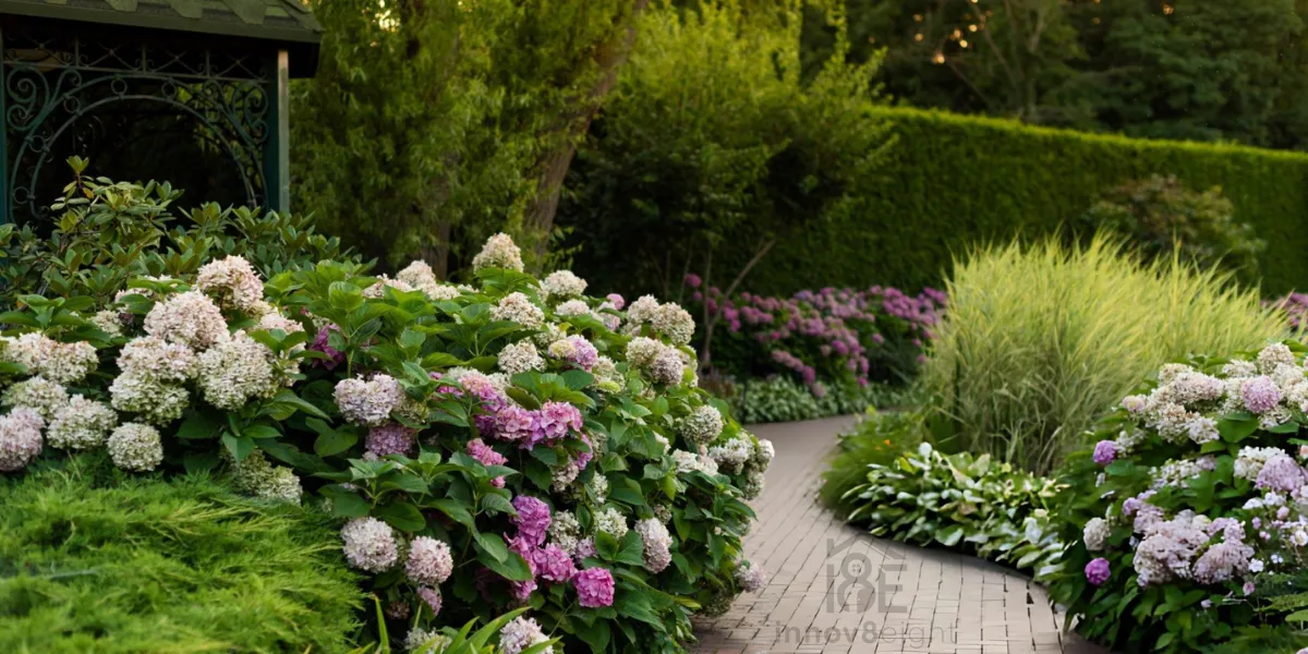 Hydrangea plant with large pink and blue blooms showing proper care results