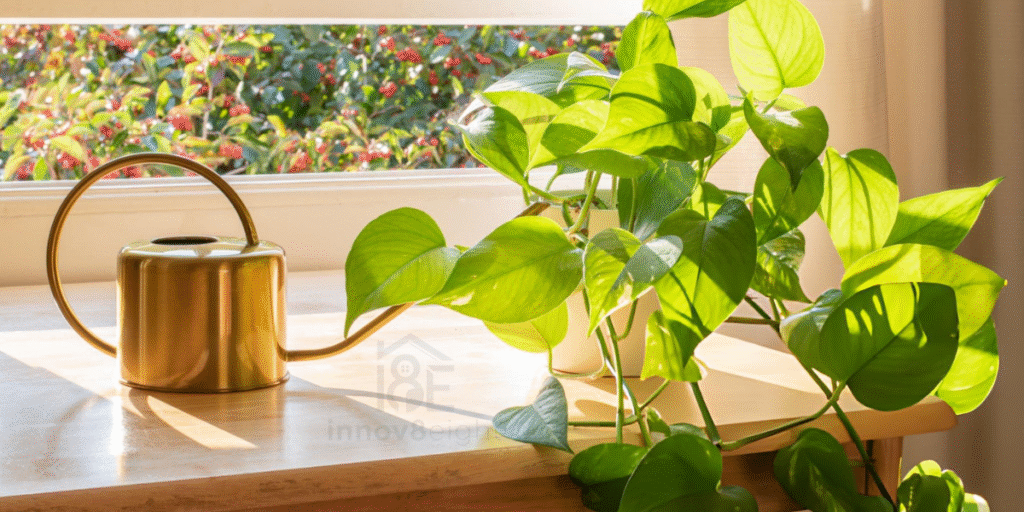 Healthy golden pothos in a ceramic pot near window light