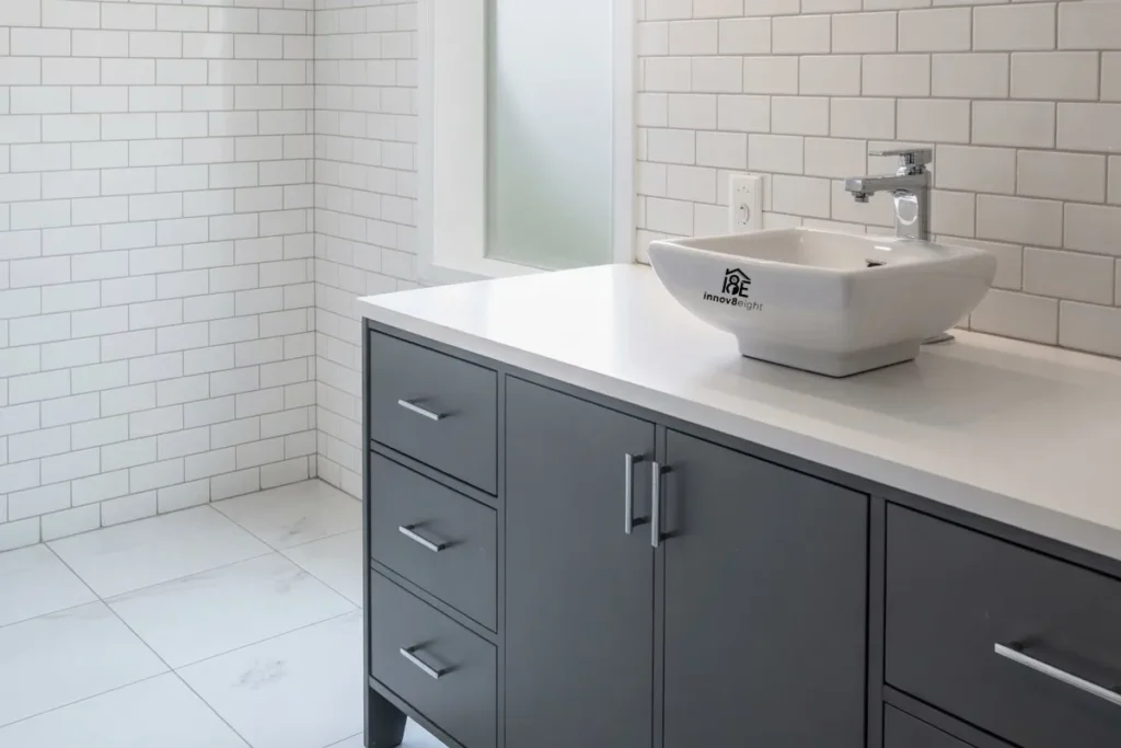 white bathroom with gray vanity